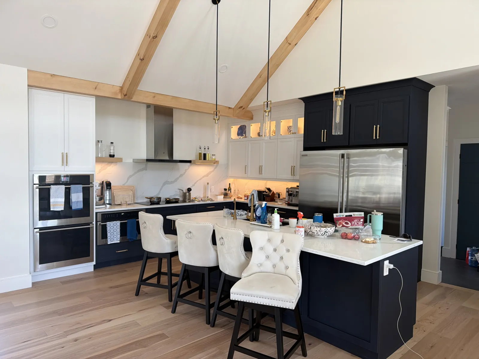 Interior view of timber frame trusses